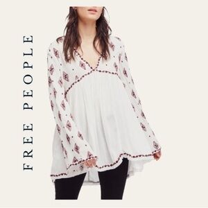 Free People Diamond Embroidery Tunic White Maroon Size XS